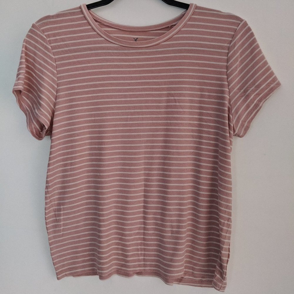 American Eagle Pink and White Stripe T-Shirt | AE
